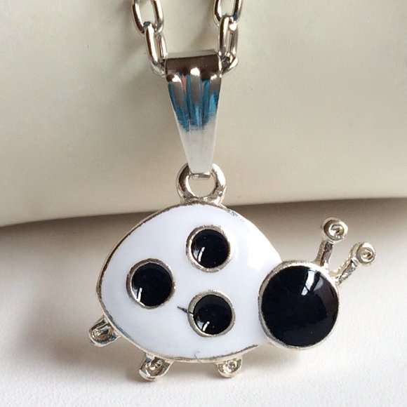 Ladybug Necklace 20" Black White Enamel Insect Beetle Bug Silver Plated - Picture 1 of 11